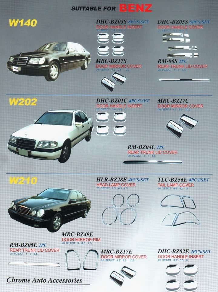 Mersedes Benz W140, W202, W210 - хромированные накладки на ручки дверей, на боковые зеркала, на переднюю и заднюю оптику и т.д.