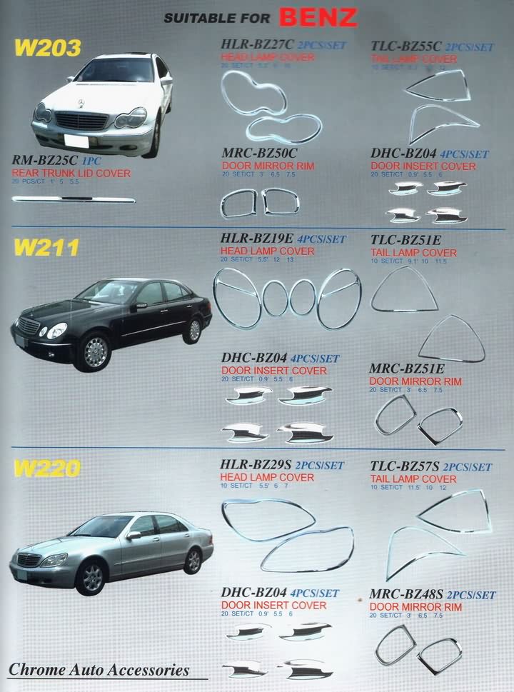 Mersedes Benz W203, W211, W220 - хромированные накладки на ручки дверей, на боковые зеркала, на переднюю и заднюю оптику и т.д.