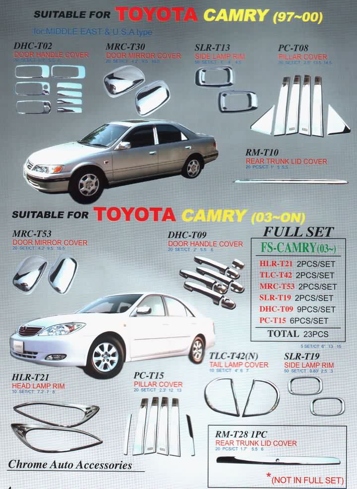 Toyota Camry - хромированные накладки на ручки дверей, на боковые зеркала, на переднюю и заднюю оптику и т.д.